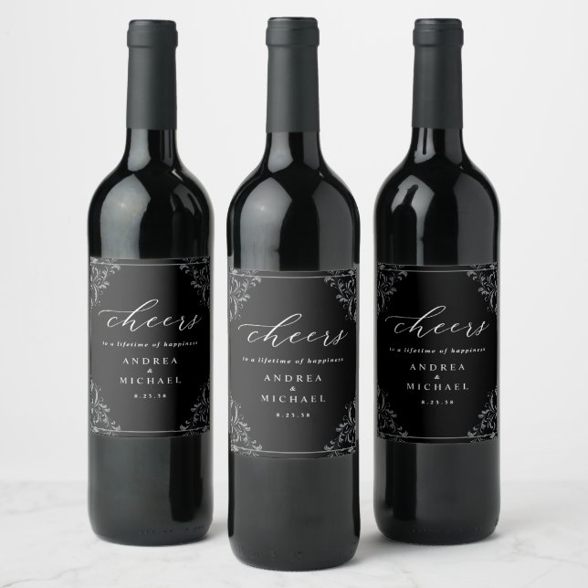Elégant Mariage noir et blanc Étiquette de vin (Bouteilles)