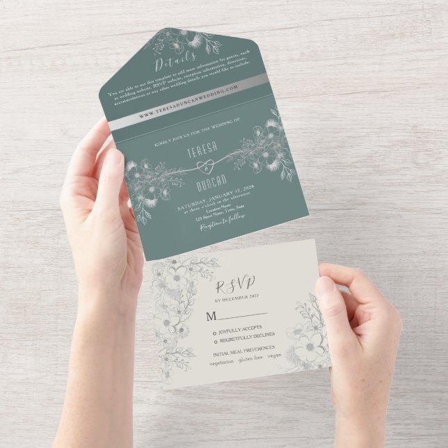 Élégant Mariage Vert Sage Tout en une invitation (Déchirure)