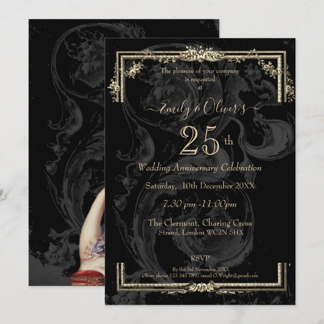 Elegant Marie Antoinette on black Anniversary  Invitation (Front/Back)