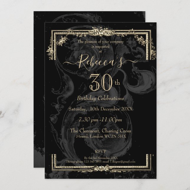 Elegant Marie Antoinette on black french inspired Invitation (Front/Back)