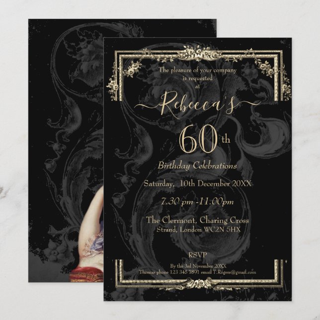 Elegant Marie Antoinette on black french inspired  Invitation (Front/Back)