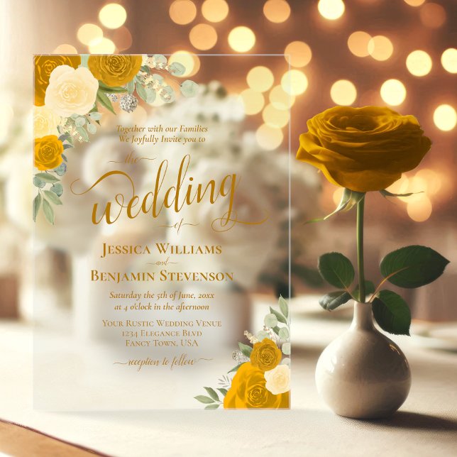 Elegant Marigold & Butter Yellow Roses Wedding Acrylic Invitations (Clear Acrylic with Rectangle Cut)