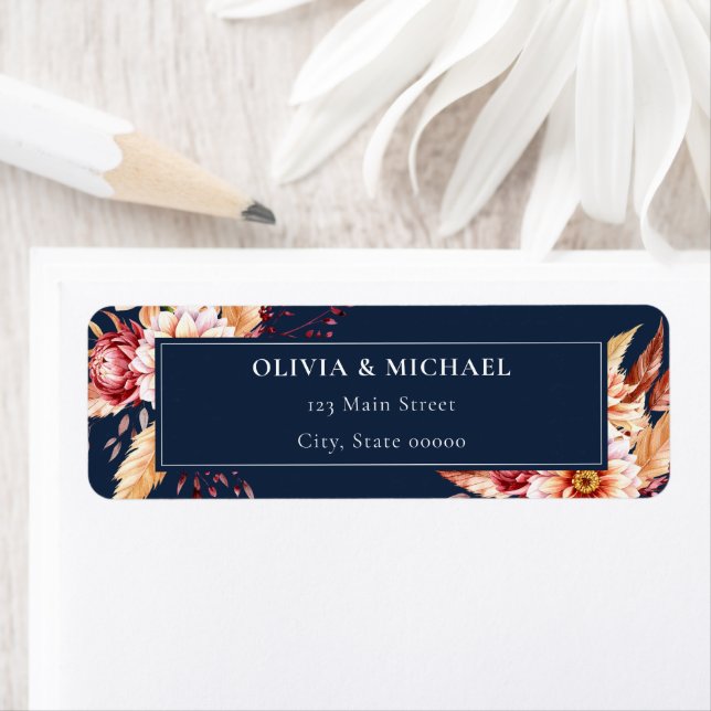 Elegant Marine Blue Floral Mariage Adresse de reto (En situation)
