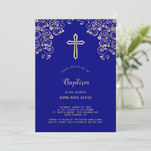 Elégant Marine Blue Gold Cross Baptism Invitation