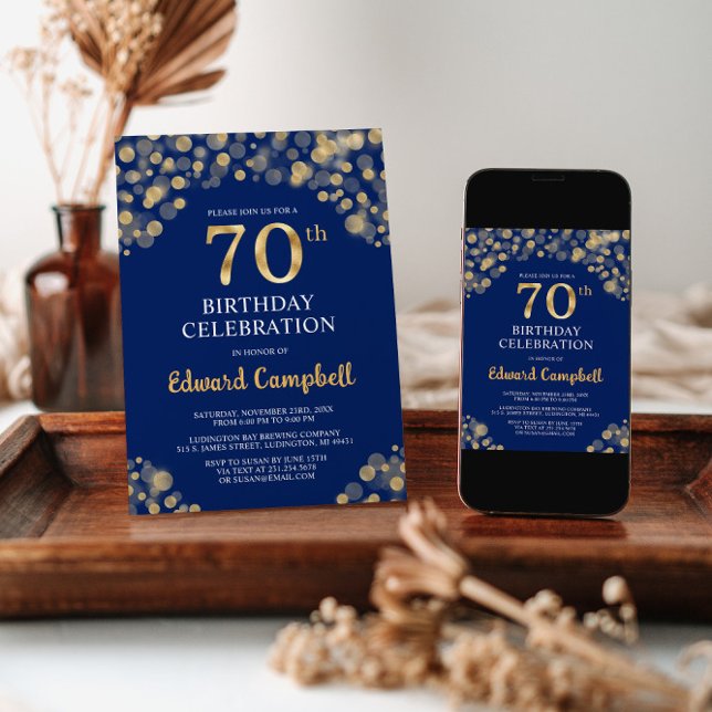 Elégant Marine Blue & Gold Invitation 70e annivers (Créateur téléchargé)