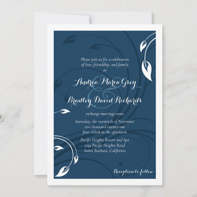 Elegant Marine Blue White Wedding Invitation (Front)