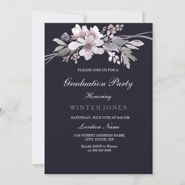 Élégant Marine Blue Winter Floral Invitation (Devant)