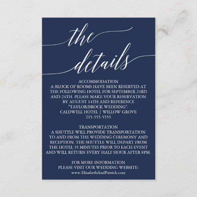 Elegant Marine Calligraphy Mariage Détails Carte (Devant)