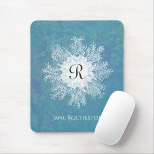 Elegant Marine Coral Blue Green Coral Monogram Mouse Pad