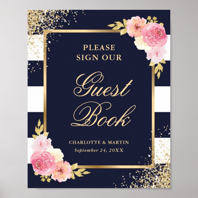 Élégant Marine rose Floral Mariage Livre d'or (Devant)