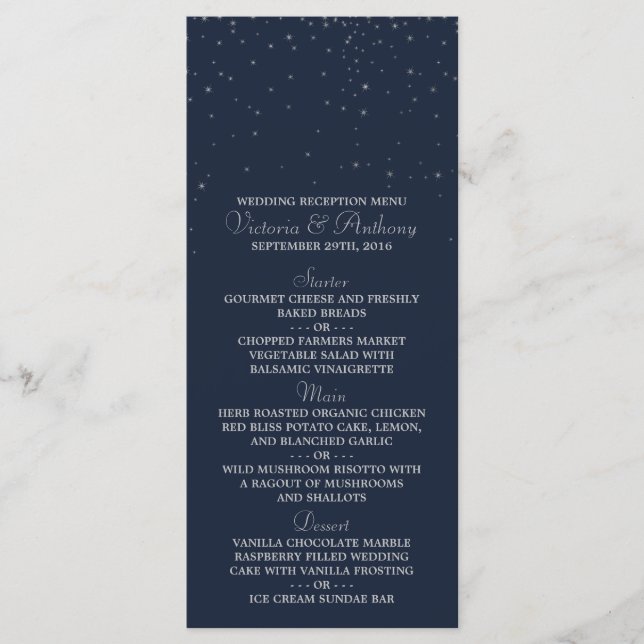 Elegant Marine & Silver Falling Stars Menu Mariage (Devant)