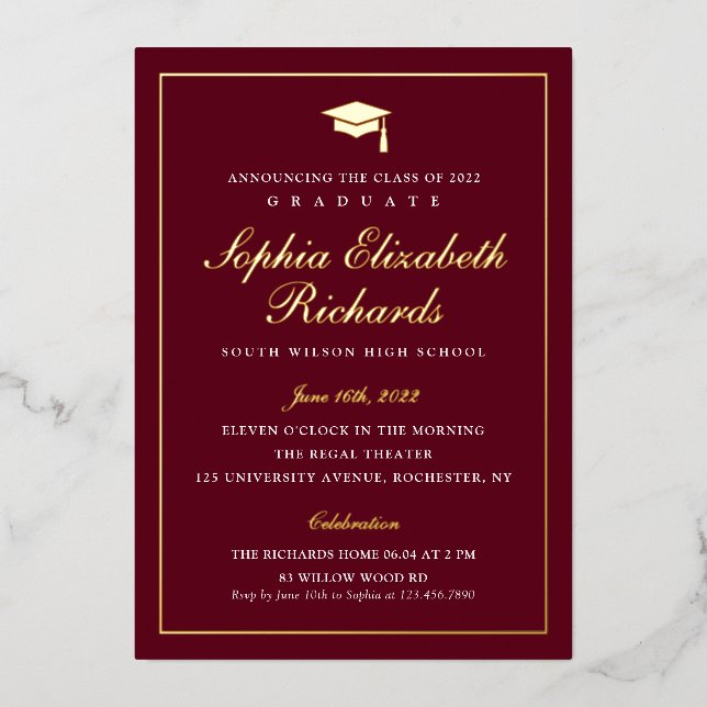 Elegant Maroon and Gold 3 Photo Graduation  (Front)