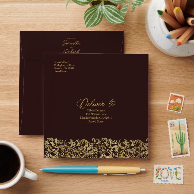 Elegant Maroon and Gold Damask Envelope (Desk)