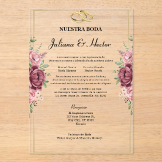 Elegant Maroon and Gold Floral Wedding Acrylic Invitations