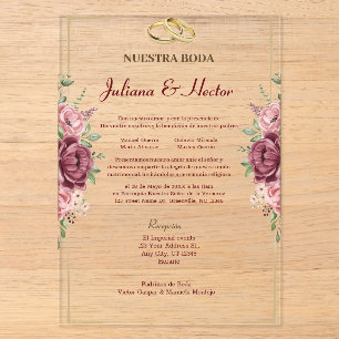 Elegant Maroon and Gold Floral Wedding Acrylic Invitations