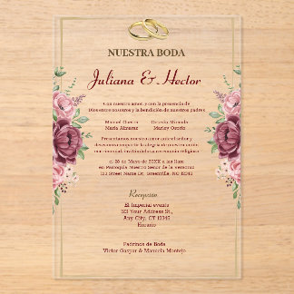 Elegant Maroon and Gold Floral Wedding Acrylic Invitations