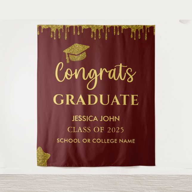 Elegant Maroon And Gold Graduation Photo Backdrop Tapestry (Front)