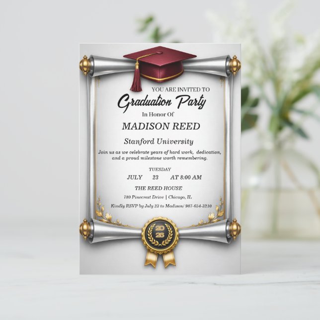 Elegant Maroon Cap Silver Scroll Graduation Party  Invitation (Standing Front)