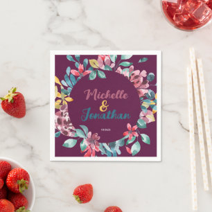 Elegant maroon colourful watercolor floral wedding napkin