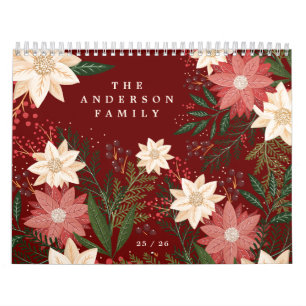 Elegant Maroon Family Name Poinsettia Christmas Calendar