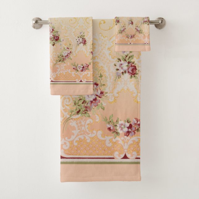 Elegant Maroon Flowers and Gold Filigree Bath Towel Set (Insitu)