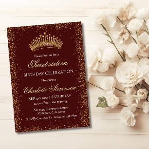 Elegant maroon Glitter Gold Crown Sweet 16 Bday Invitation