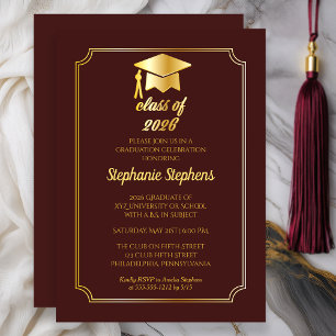Elegant Maroon   Gold Cap College Graduation Party Invitation