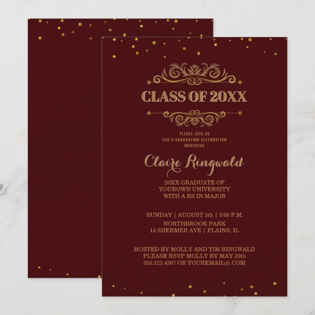 Elegant Maroon Gold Class of 2018 Graduation Party Invitation (Front/Back)