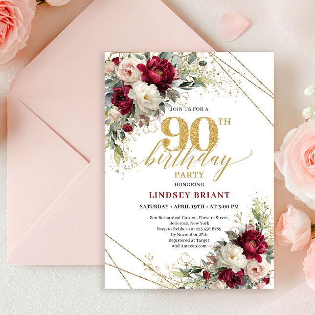 Elegant Maroon Gold Floral 90th Birthday Invite  (Elegant Maroon Gold Floral 90th Birthday Invite Card

)