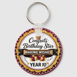 Elegant Maroon Gold Glitter Birthday Star Personal Keychain