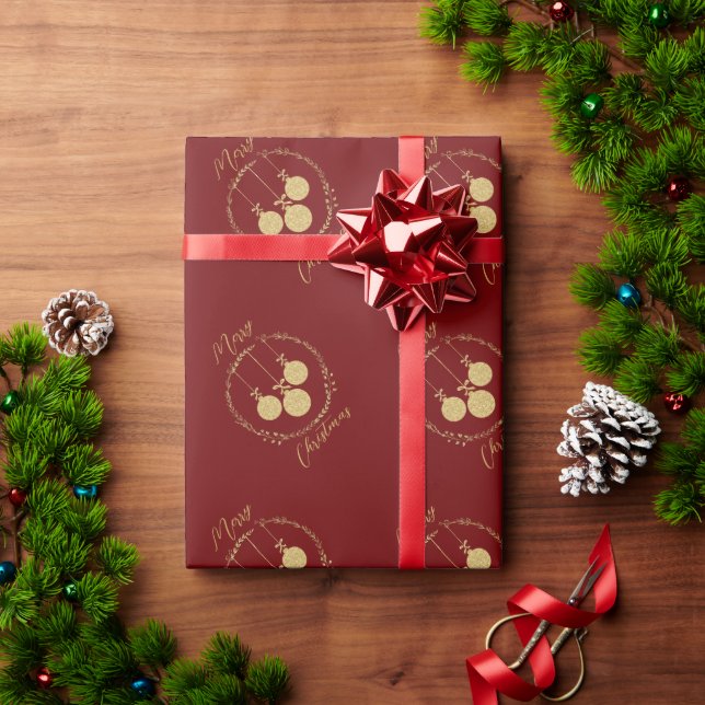 Elegant Maroon Gold Glitter Wreath Merry Christmas Wrapping Paper (Holiday Gift)
