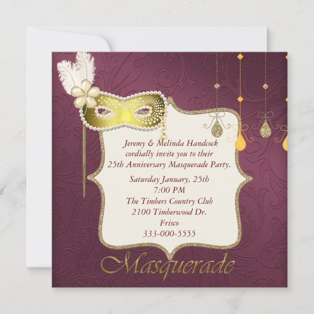 Elégant Maroon & Gold Masquerade Party Invitation (Devant)