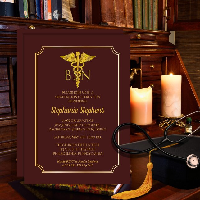 Elegant Maroon | Gold Nurse BSN Graduation Party Invitation (Creator Uploaded)