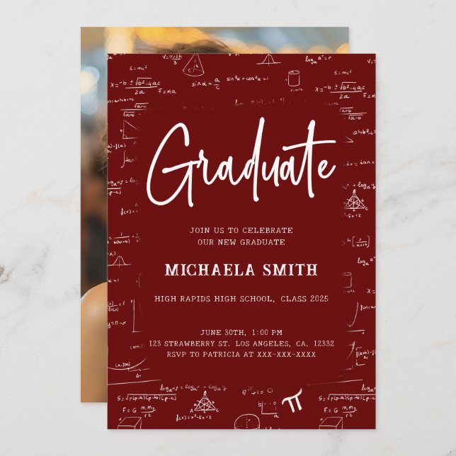 Elegant Maroon Graduate Math Photo Graduation Invitation (Front/Back)