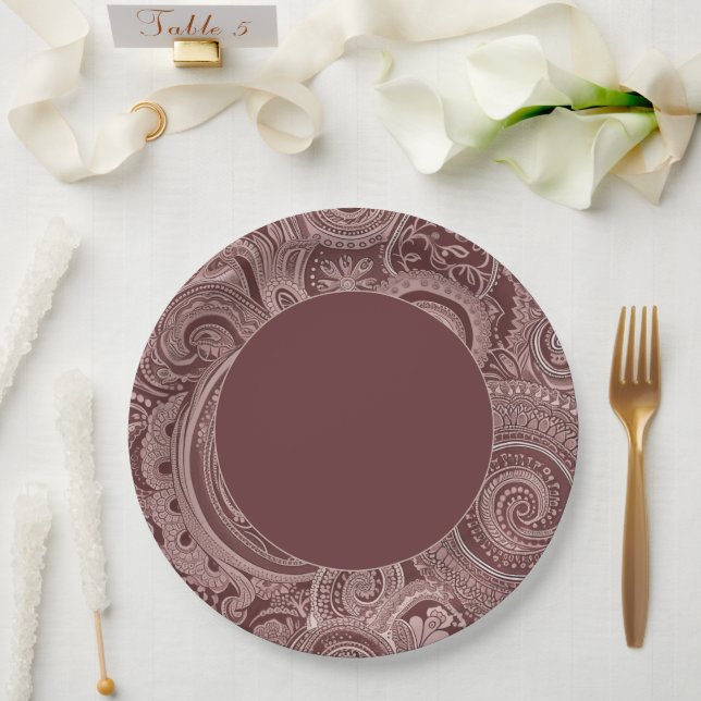 Elegant Maroon Paisley Border Paper Plate (Wedding)