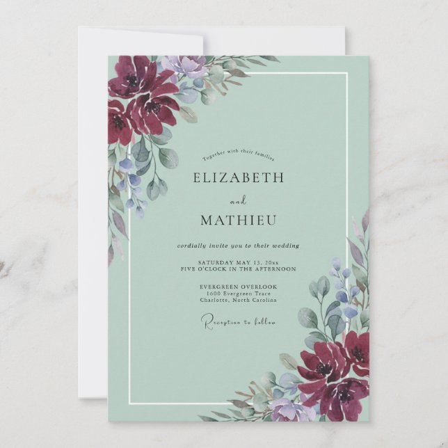 Elegant Maroon Periwinkle Painted Wedding Invitation (Front)