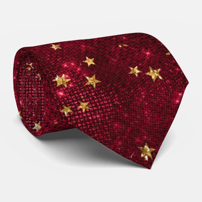 Elegant Maroon Red Gold Star Gift Tie (Rolled)