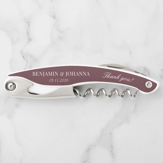 Elegant Maroon Red Wedding Thank You Guest Favours Corkscrew (Front)