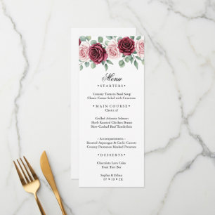 Elegant Maroon Rose Watercolor Botanical Wedding  Menu