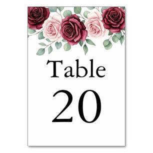 Elegant Maroon Rose Watercolor Botanical Wedding Table Number