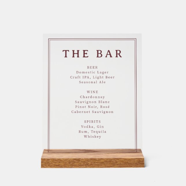 Elegant Maroon Serif Bar Menu Sign (Front)