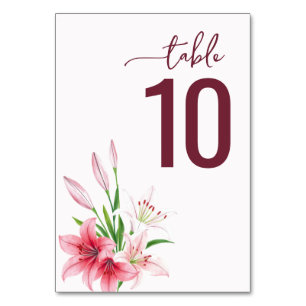 Elegant Maroon Watercolor Lily Table Sign Number