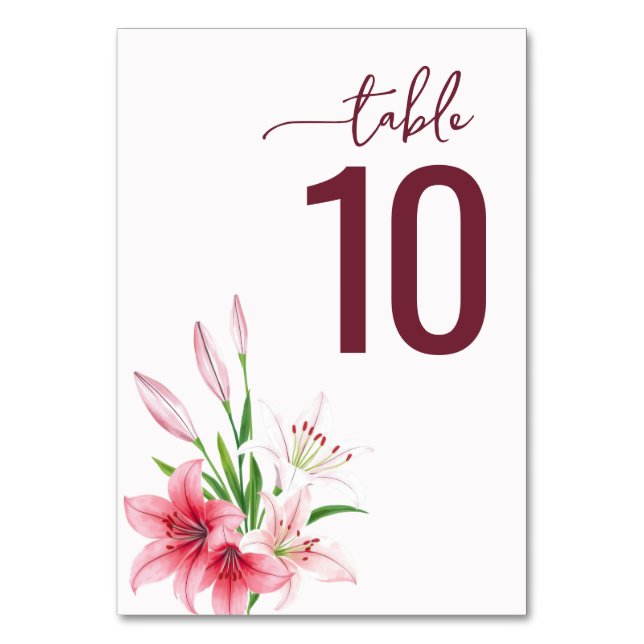Elegant Maroon Watercolor Lily Table Sign Number (Front)