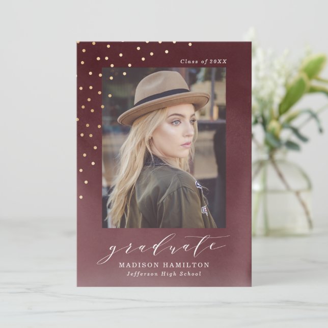 Elegant Maroon Watercolor Photo Graduation Party Invitation (Standing Front)