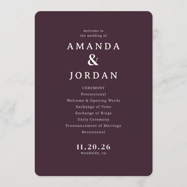 Elegant Maroon Wedding Ceremony Program (Front)