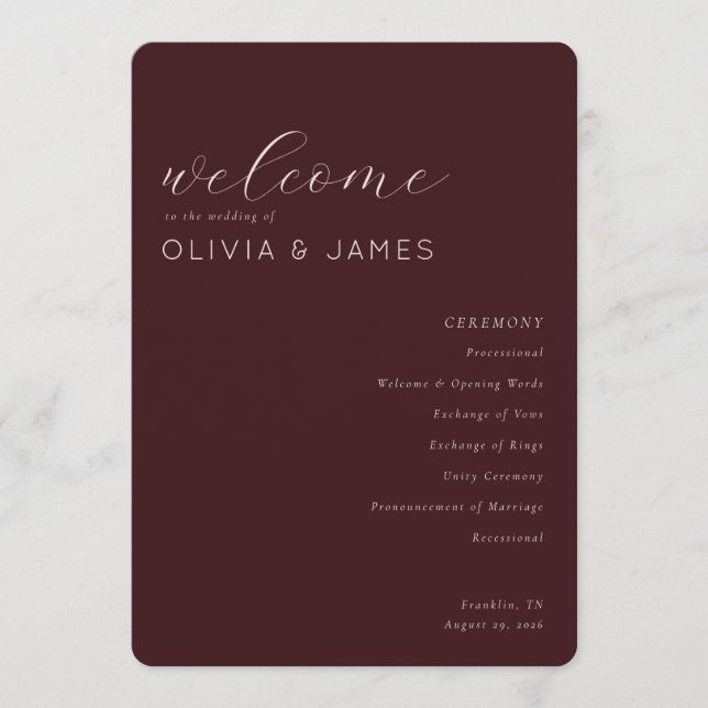 Elegant Maroon Wedding Schedule Program (Front)