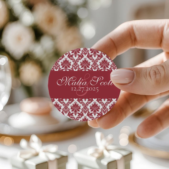 Elegant Maroon White Damask Wedding Favour Classic Round Sticker (Creator Uploaded)