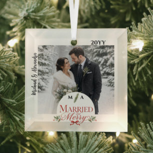 Elegant Married and Merry Newlyweds Glass Ornament