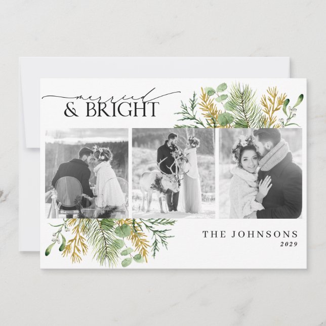 Elegant Married & Bright Gold Black & White Photo Holiday Card (Front)