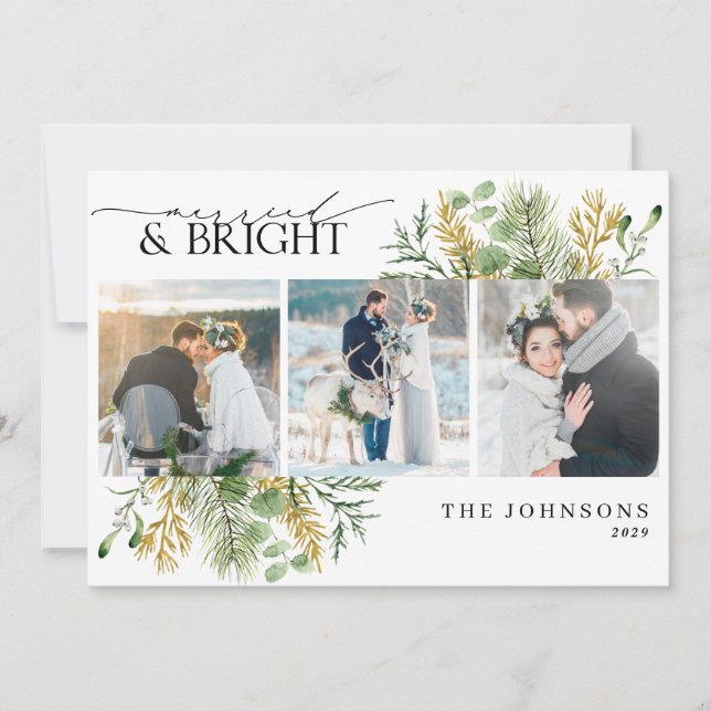 Elegant Married & Bright Gold Botanical Photo Holiday Card (Front)
